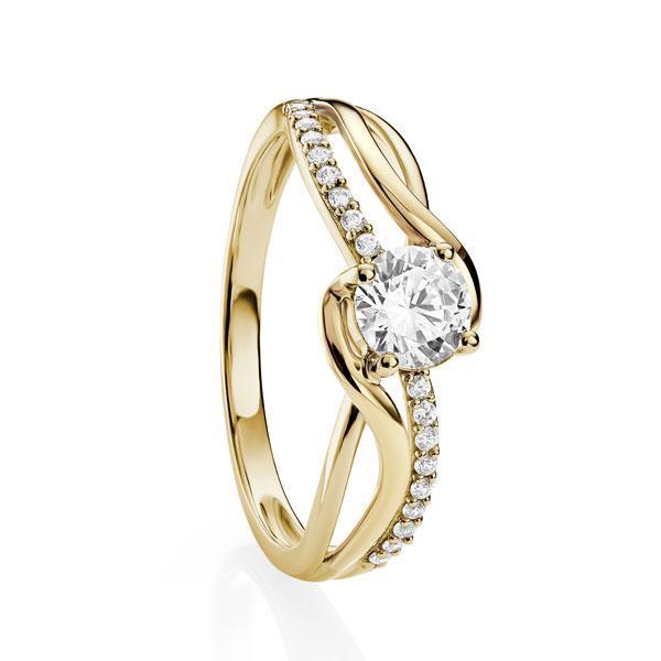 9ct YG 4 claw CZ ring with crossover CZ and polished shoulders