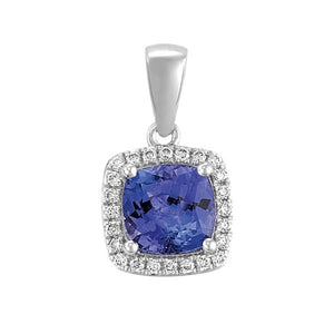 18ct White Gold Cushion Tanzanite and Round Brilliant-cut Diamond Pendant