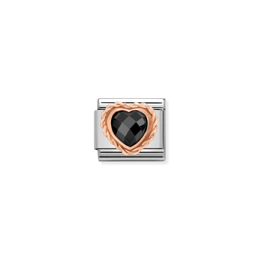 NOMINATION - Composable Classic FACETED HEART WITH RICH SETTING in st/steel & 9ct gold (Black)