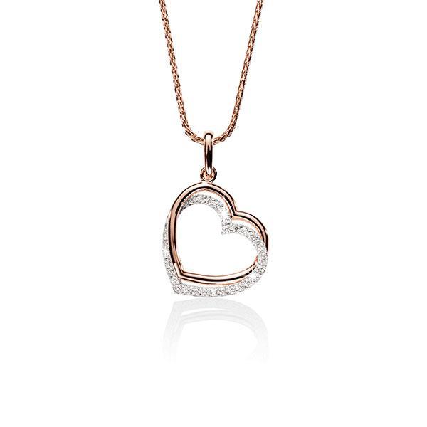 9ct Rose and White Gold Double Heart Cubic Zirconia Pendant