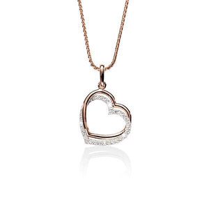 9ct Rose and White Gold Double Heart Cubic Zirconia Pendant