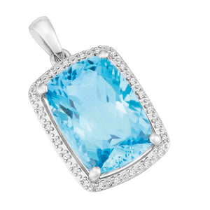 9ct White Gold Cushion Blue Topaz and  Round Brilliant-cut Diamond Pendant