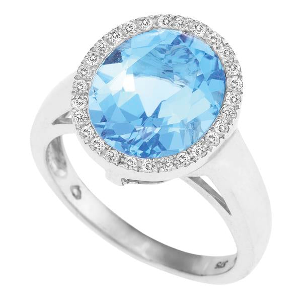 9ct White Gold Oval Blue Topaz and  Round Brilliant-cut Diamond Ring