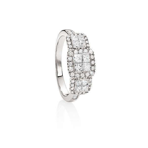 9ct white gold 1ct princess and round brilliant cut diamond ring