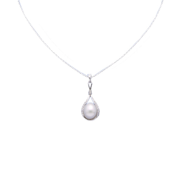 ARAFURA SS 13-15mm cultured south sea pearl & CZ set pear shaped pendant