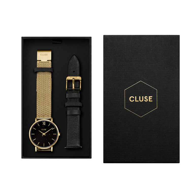 CLUSE Minuit Gold Black Gold Mesh & Black Leather Strap Gift Set