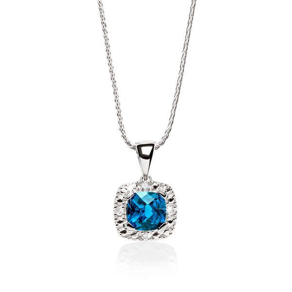 9ct White Gold Cushion Cut London Blue Topaz With Pave Diamond Surround Pendant