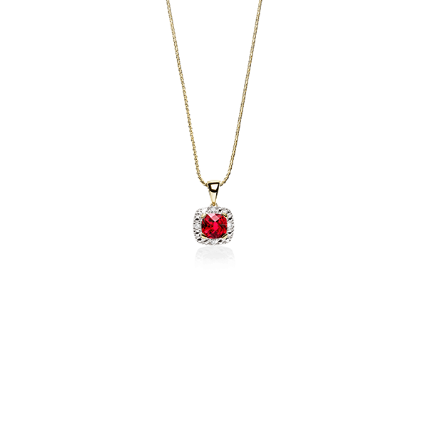 9ct Yellow Gold Created Ruby And Diamond Cushion Shape Halo Pendant