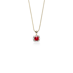 9ct Yellow Gold Created Ruby And Diamond Cushion Shape Halo Pendant
