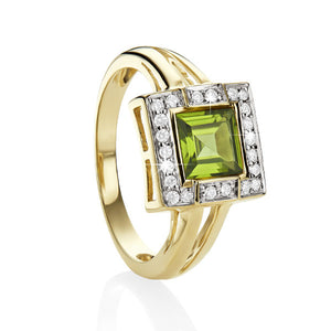 9ct YG square peridot & diamond ring