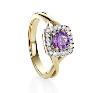 9ct yellow gold cushion amethyst & diamond ring