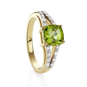 9ct YG cushion peridot & diamond ring