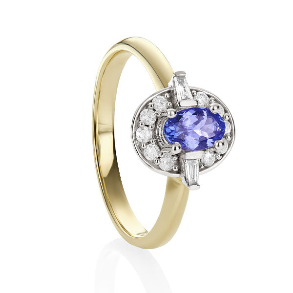 9ct yellow/white tanzanite & diamond ring