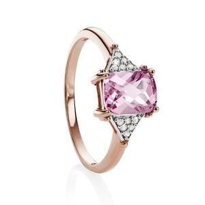 9ct rose gold created pink sapphire checker & dia ring