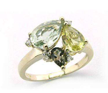 9ct YG Multi-Color (Green AM, Lemon Quartz, Smoky Quartz) & Dia Ring