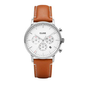 CLUSE Mens Aravis Chronograph Silver White/Light Brown Leather Watch