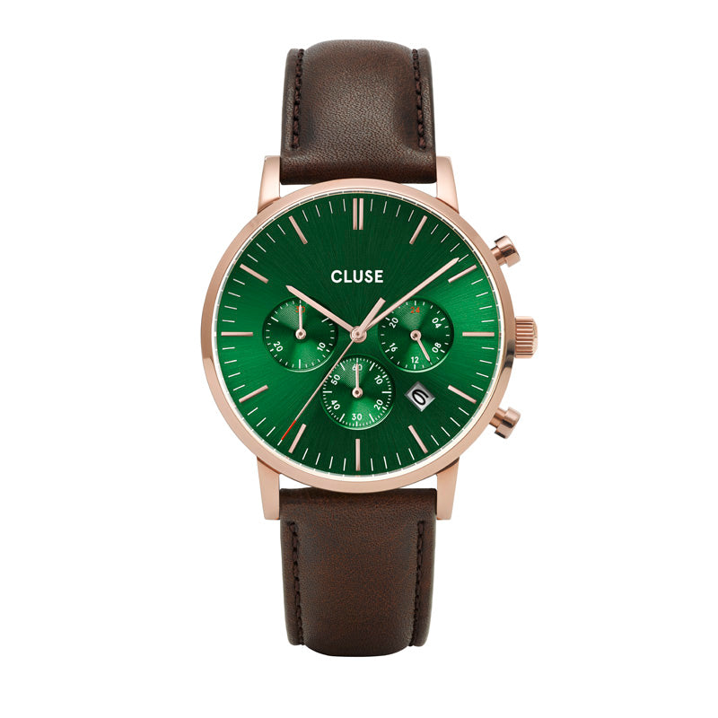 CLUSE Mens Aravis Chronograph Rose Gold Green/Dark Brown Leather Watch