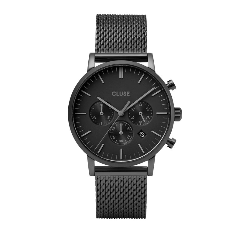 CLUSE Mens Aravis Chronograph Full Black Mesh Watch