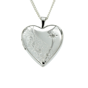 Sterling Silver Heart Shape Diamond Engraved Locket