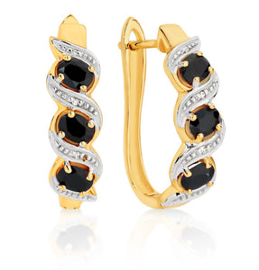 MP5917 9ct YG claw set 3 stone oval dark sapphire & diamond huggie earrings