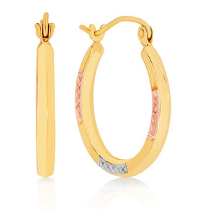 MP5817 9ct 3 tone 15mm square tube dia cut hoop earrings