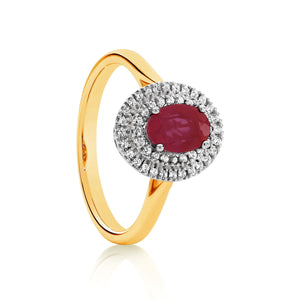 9ct Yellow Gold Natural Ruby & Diamond 0.20ct Double Halo Ring (7254114664612)