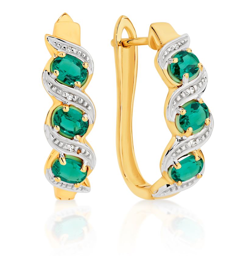 MP5915 9ct YG claw set 3 stone oval created emerald & diamond huggie earrings